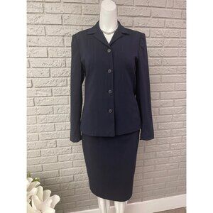 Casual Corner Women's Stretch Navy Pinstriped 2 Pcs Jacket Skirt Suit 4/2